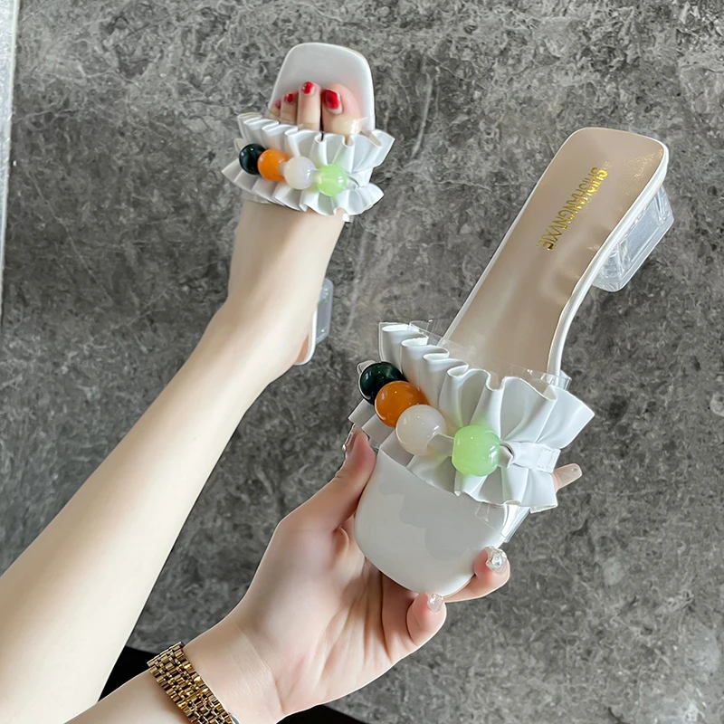 

2022 New Slippers Women's Summer Pumps Fashion Leaky Toes Transparent Square Toe Thick Heel Beaded Solid Color Women's Sandals