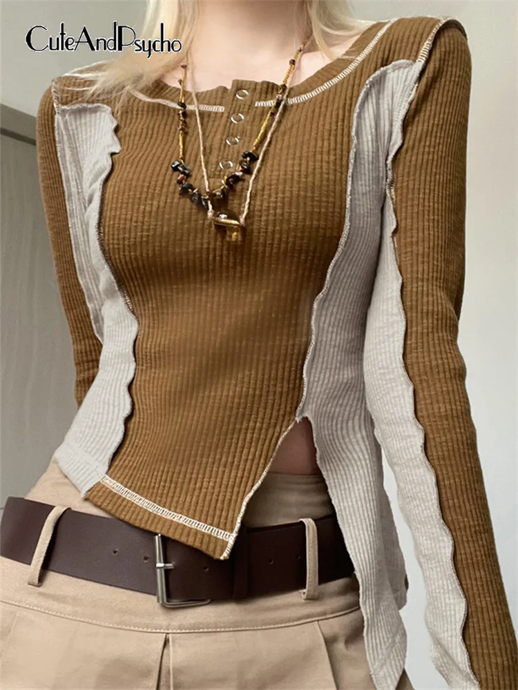 

Cuteandпсиходелическая мода пэчворк Y2K шикарные рубашки с круглым вырезом винтажные Харадзюку женские наряды 2000s эстетические корейские милые...