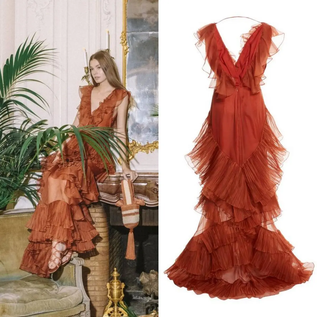 

14941#IENA Elegant Soft Tulle Women Dress Pleated Tulle Layered Prom Gown Caramel Colour Party Dresses V Neckline Custom Made