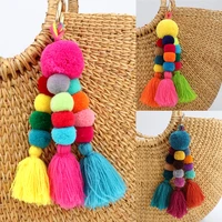 new bohemian accessories handmade keychain beads chain pompom hand bag hanging key chains for new year gift