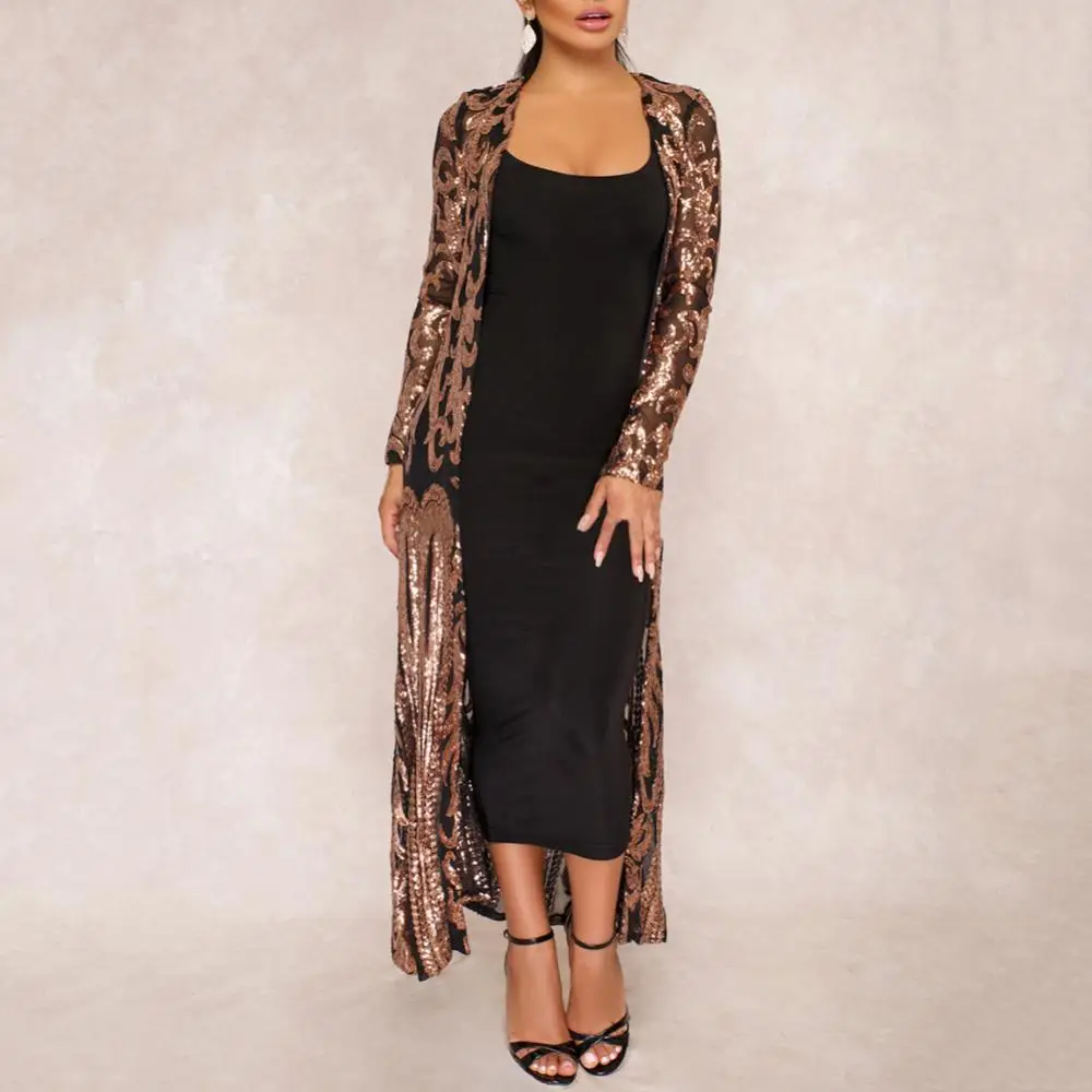

Women Sexy Long Sleeve Evening Party Sequin Perspective Maxi Coat Gown Cardigan