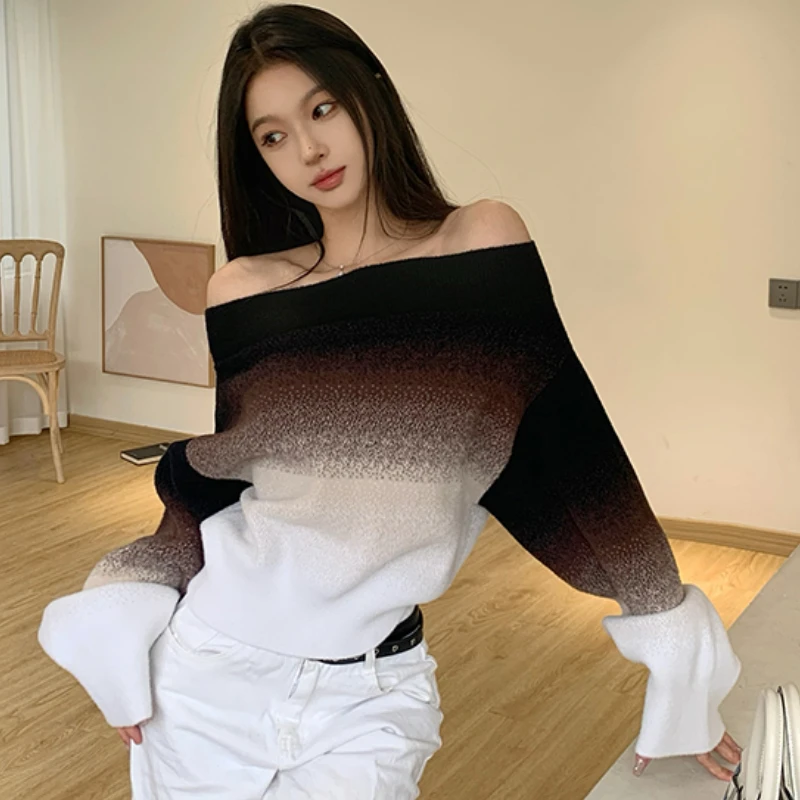 

2022 Winter for Women Korean Style Retro Warm Soft Cashmere Gradient Sweater Long-sleeved Off Shoulder Sweater Pullover Tops