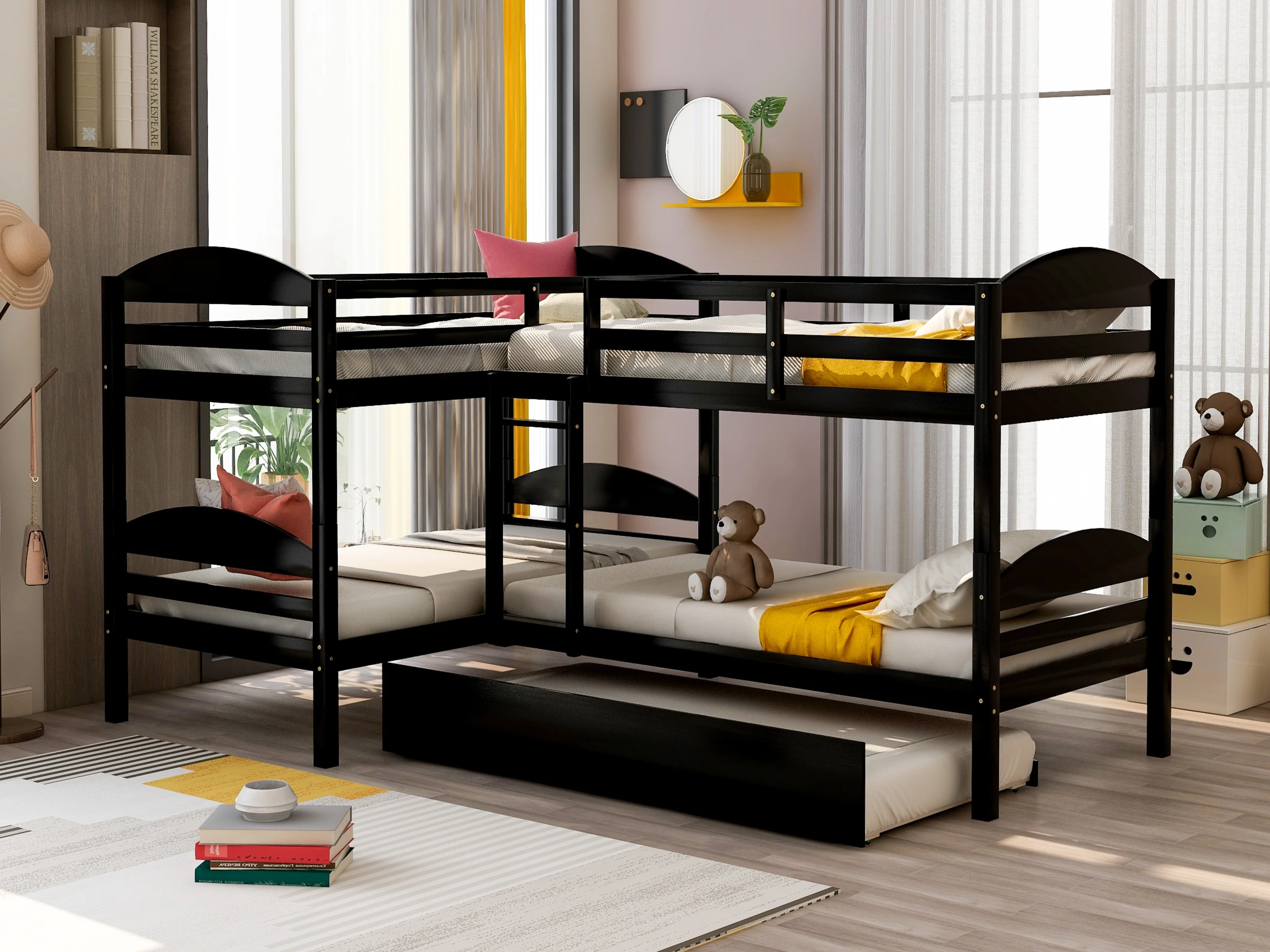 

119"L x 80"W Home Modern And Minimalist Wooden Bedroom Furniture Beds Frames Bases Twin L- Shaped Bunk Bed With Trundle Espresso
