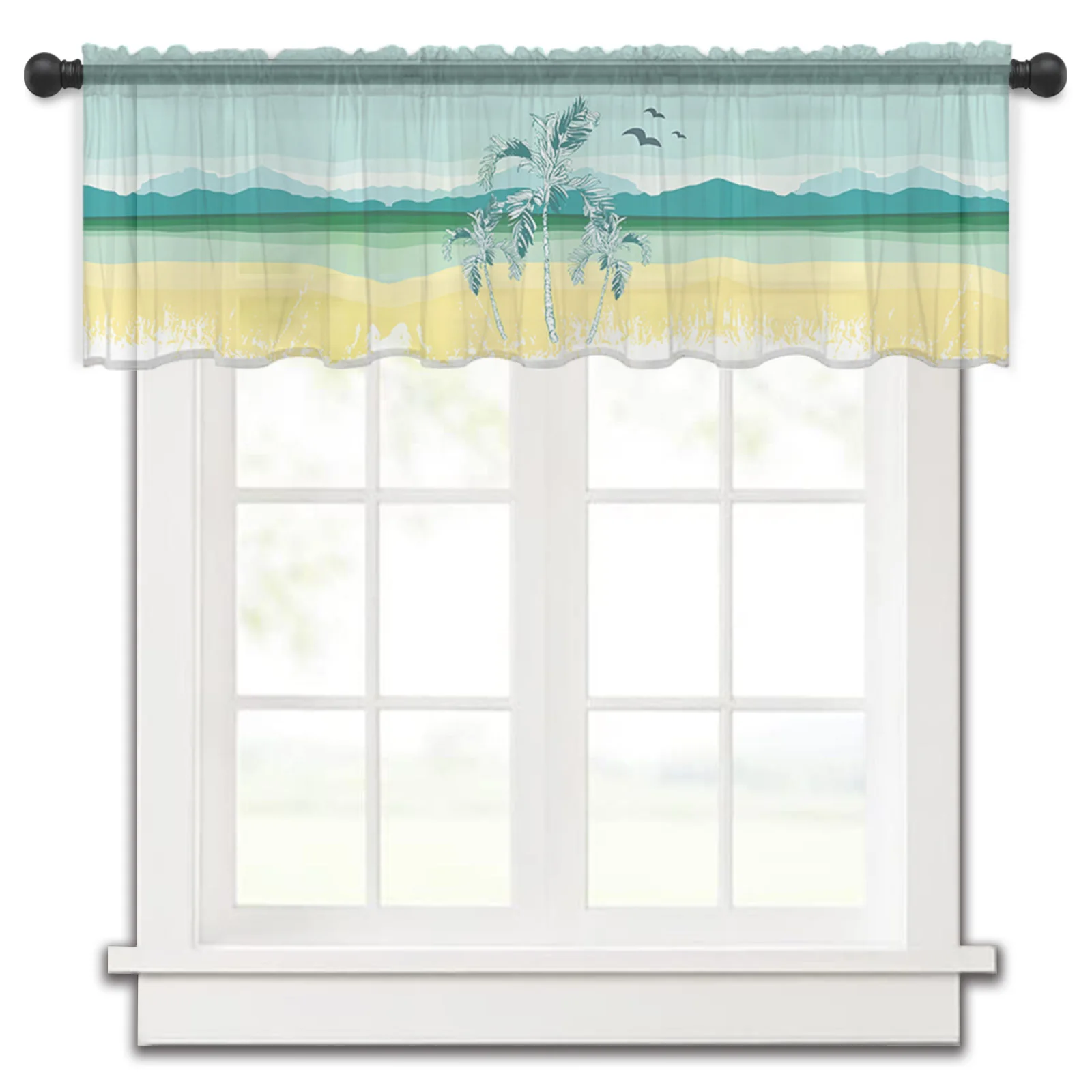 Coconut Tree Seaside Seagull Kitchen Small Window Curtain Tulle Sheer Short Curtain Bedroom Living Room Home Decor Voile Drapes
