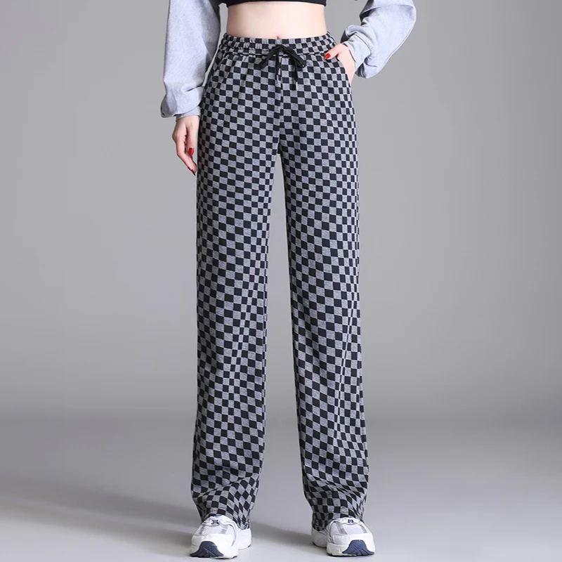 

Fashion Spring Black and White Plaid Pants Women Long Straight Trousers Loose Casual Unisex Streetwear High Waist Woman Pantalon