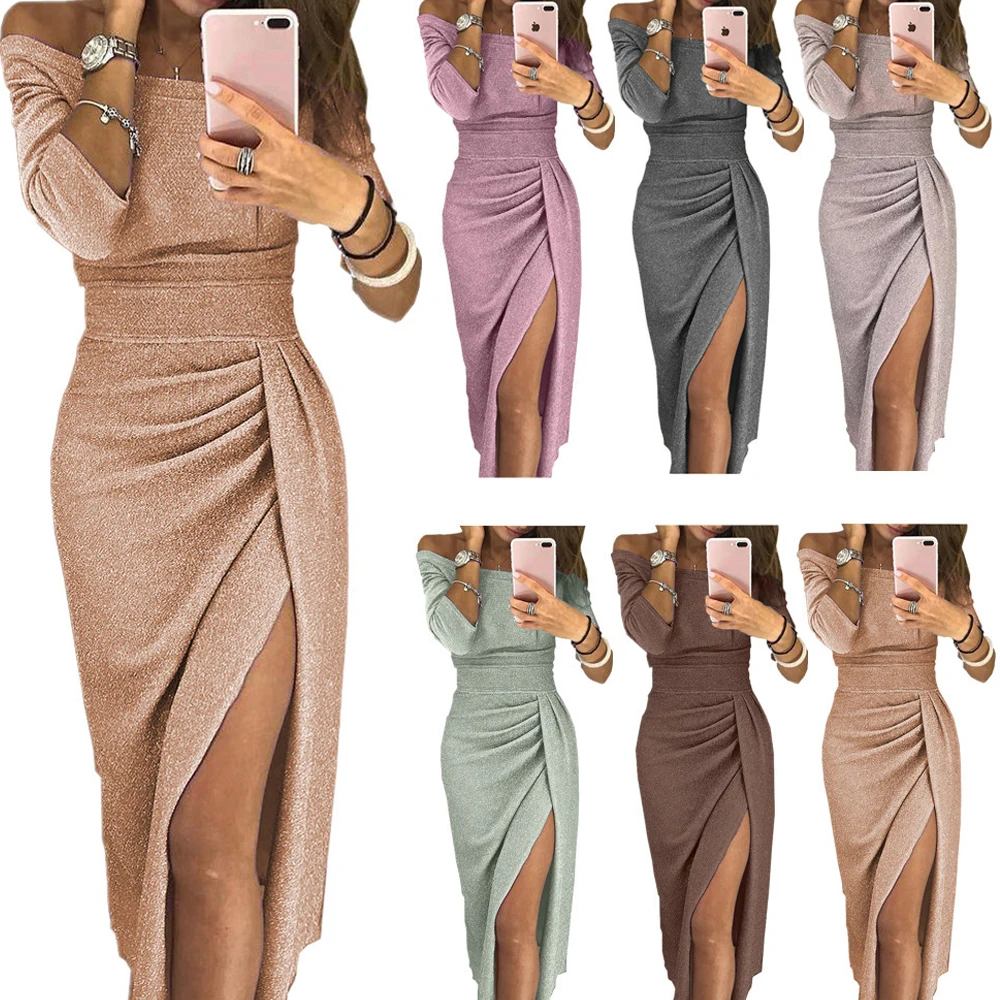 

Женское облегающее платье с разрезом сбоку, открытыми плечами и рукавом 3/4