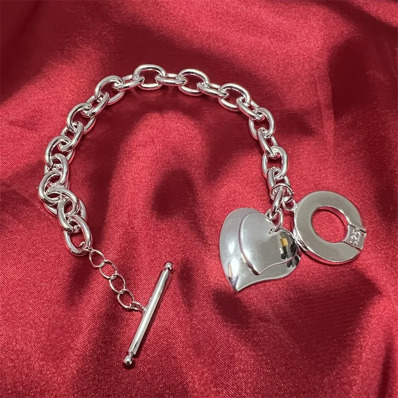 

Fashion Design High Quality 925 Sterling Silver Jewelry Double Heart Bracelets Chain Women Lady Wedding Free Shipping Cute Gifts