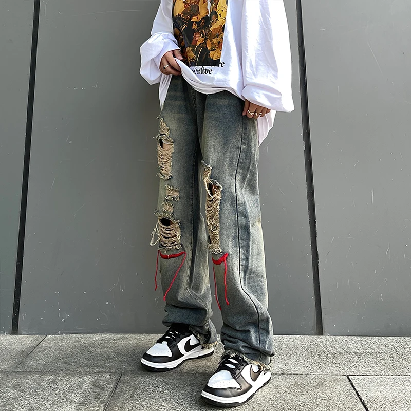 Vintage Clothes Y2k Ripped Jeans Women Baggy Embroidery Raw Edge Trousers Casual Wide 2000s Streetwear Pants Washed Korean Style