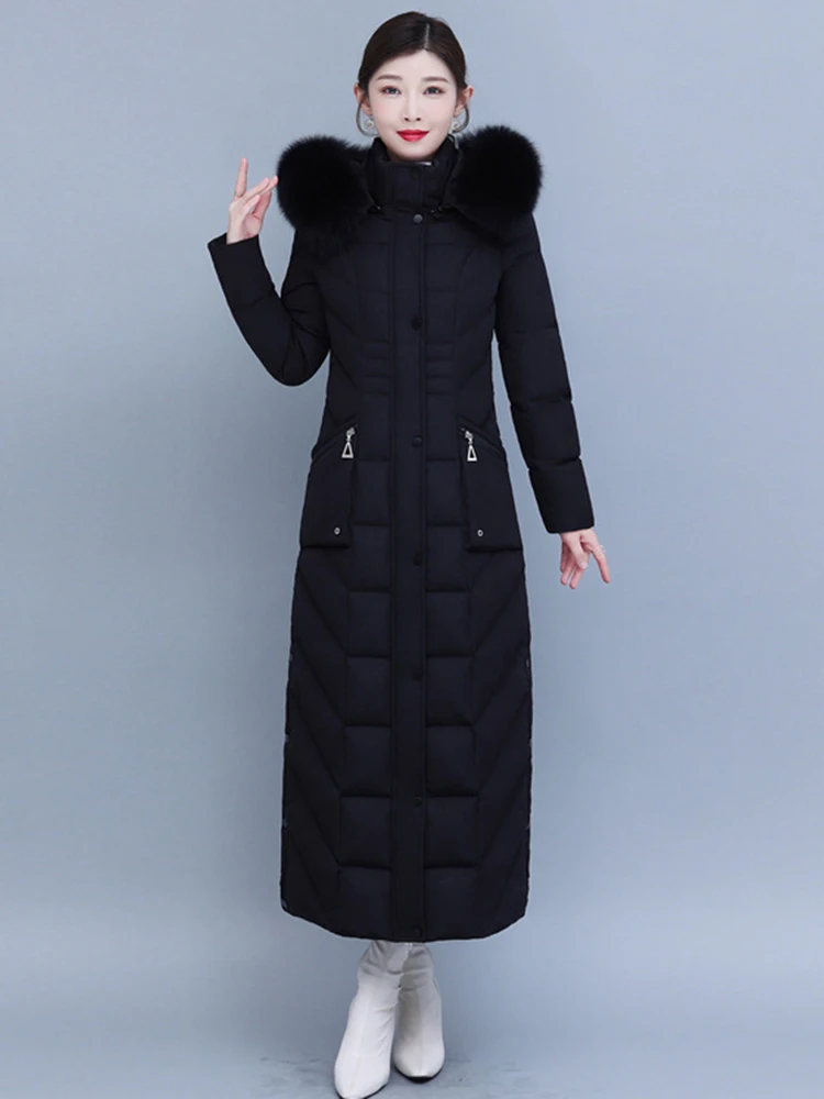 New Mother Down Coat Women Winter Fashion Detachable Hooded Real Fox Fur Collar Thicken Warm Slim Lengthened Down Jacket Female