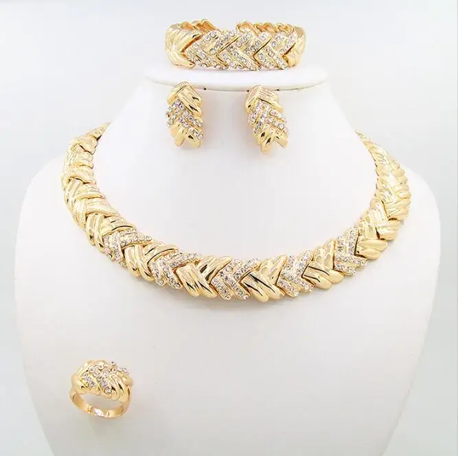 

Alloy rhinestone necklace earrings ring bracelet set of four High-grade alloy jewelry accessories for woman