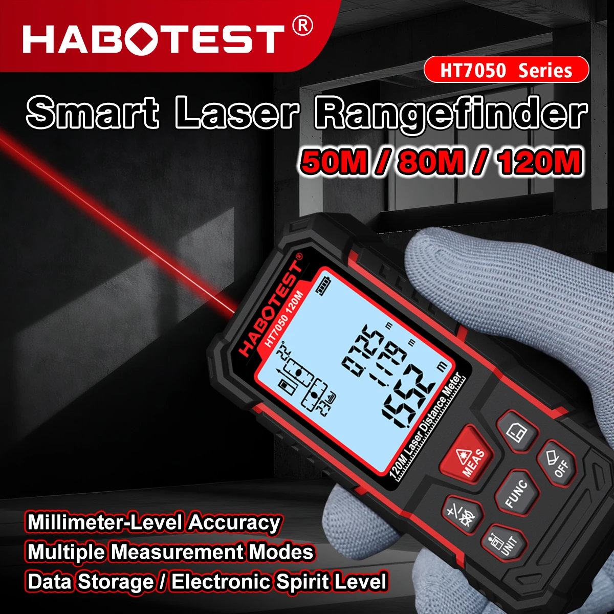 Фото Лазерный дальномер HABOTEST HT7050 50М с высокой точностью ±1.5мм, цифровой измеритель расстояния IP40, инклинометр для строительных работ №3