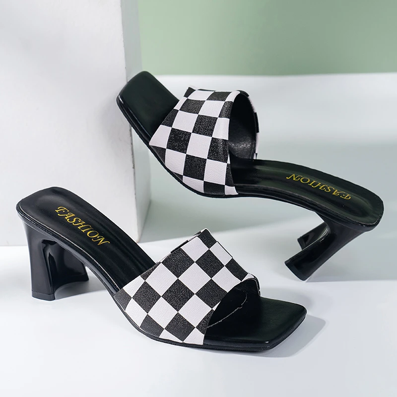 

Summer Women Shoes Woman Slides Grid Leather Hoof High Heels Peep Toe Casual Shoes Sexy Ladies Slippers Female Mules