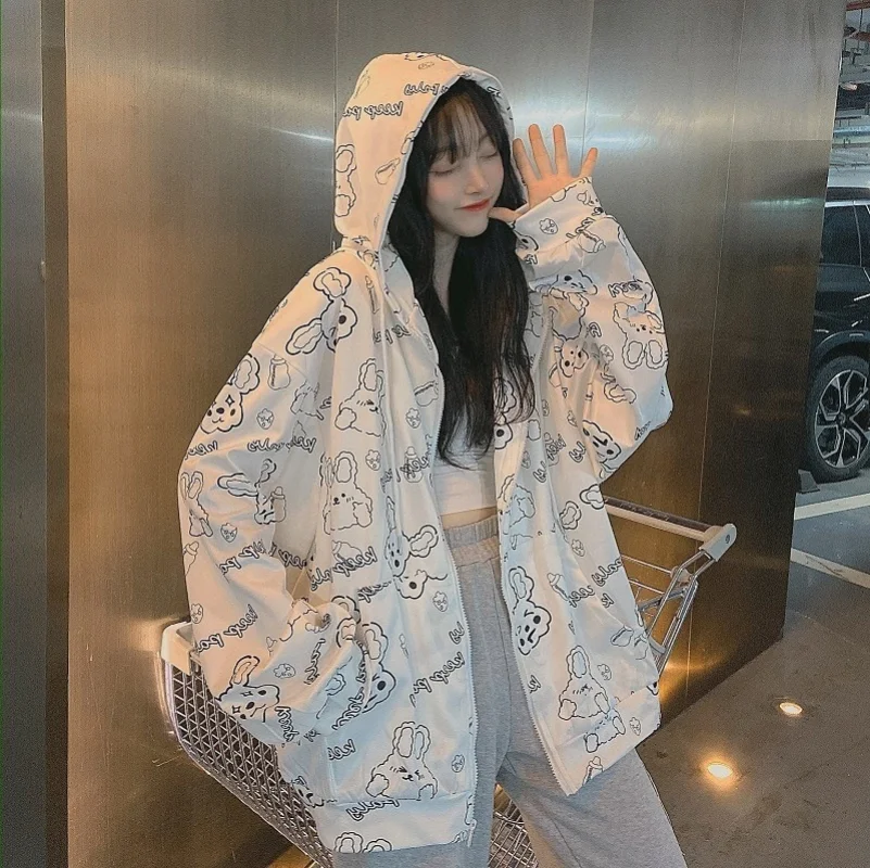 

Cotton Thin Cartoon White Sweatshirt Coat Women's Autumn New Temperament Commuter Casual Loose Cardigan Hoodie