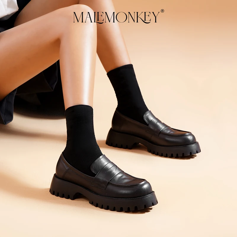 Retro Chunky Loafers Women Genuine Cow Leather 2023 Spring High Qualtiy Platform Shoes Round Toe Slip on Ladies Flats Handmade
