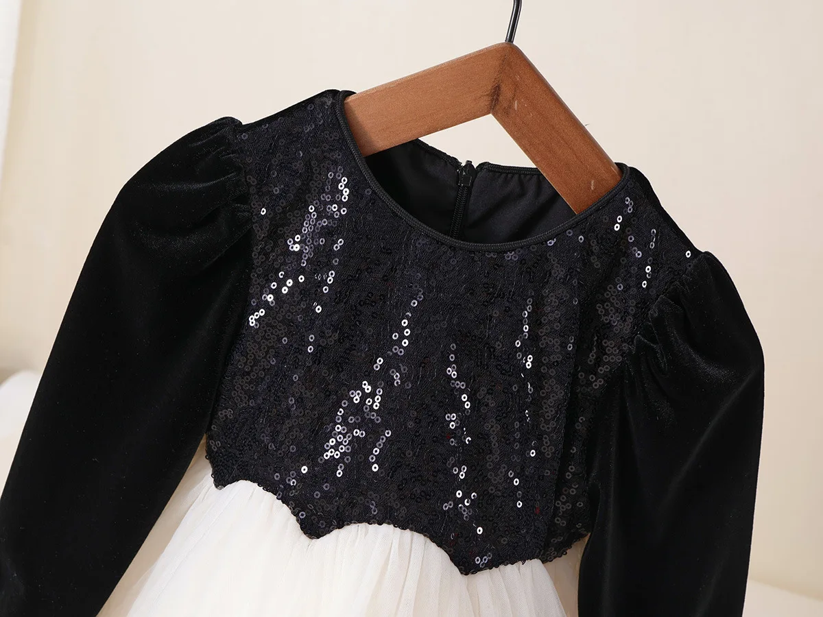 2024 зимнее новое платье для девочек с длинными рукавами и блестками лоскутное