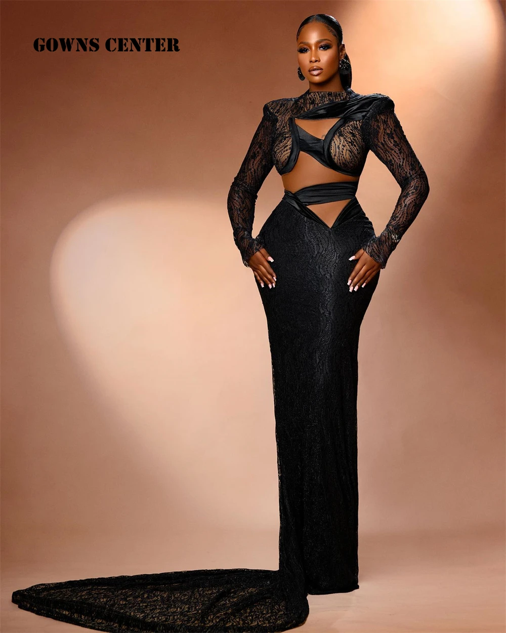 

Сексуальные черные вечерние платья с вырезом и длинным рукавом Aso Ebi вечерние платья с высоким воротником женские платья для особых случаев элегантное платье
