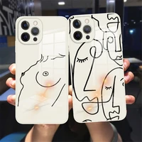 abstract art women face line phone case for iphone 11 12 13 pro max x xr xs max 8 7 plus white tempered glass reflective case