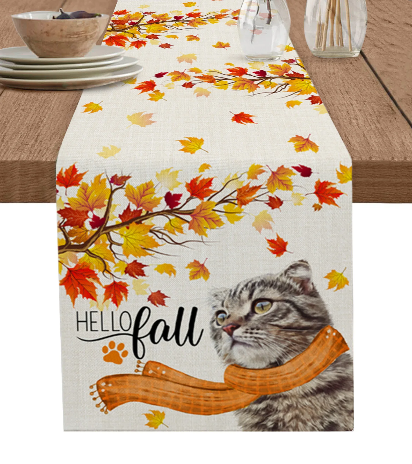 

Thanksgiving Animal Cat Scarf Maple Leaf Branch Wedding Table Runners Table Mats Party Table Decor Festival Holidays Tablecloths