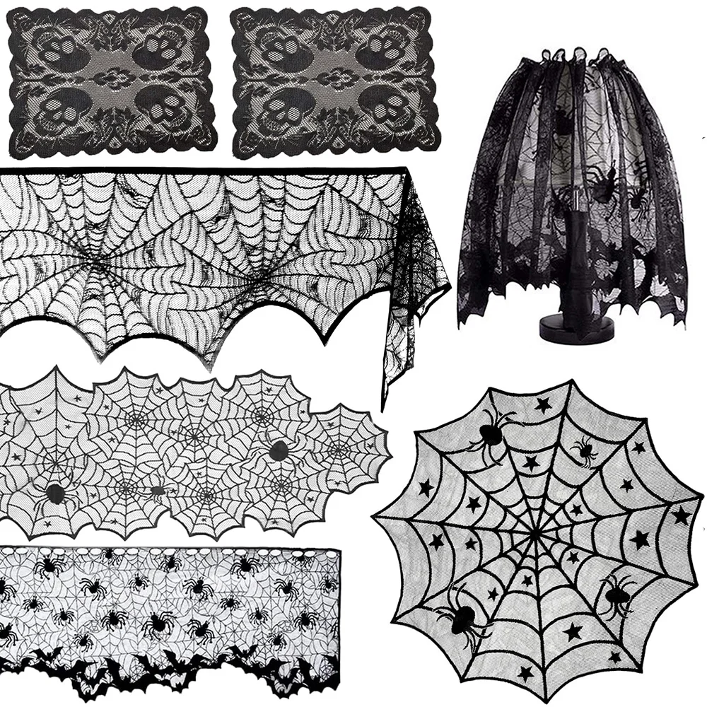 

Halloween Spider Decor Fireplace Mantel Scarf Round Table Cover Lace Table Runner Cobweb Lampshade Scary Halloween Party Supplie