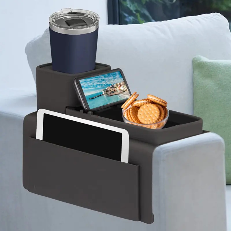 

Deluxe Attractive Black Cup Holder Sofa Tray with Anti-Slip & Anti-Spill Pouches – Perfect Gift for Family, Ideal for Holding