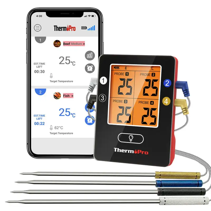

Bluetooth Meat Thermometer with 650FT Wireless Range 4-Probe Smartphone Compatible (iOS/)