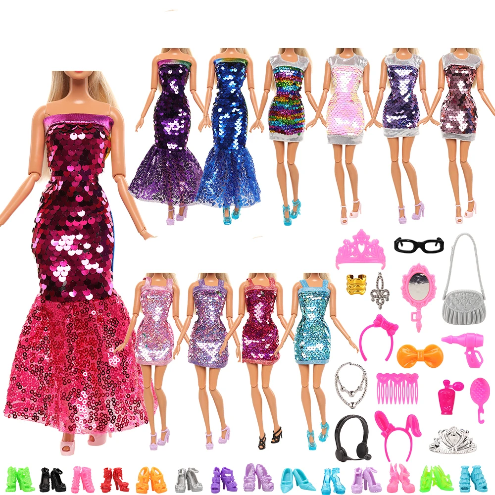 Fashion Doll Clothes for Barbie 55 item/set =3 Long Dress +2 Short Dresses+10 Doll Shoes +40 Accessories Bags + Crown +necklace