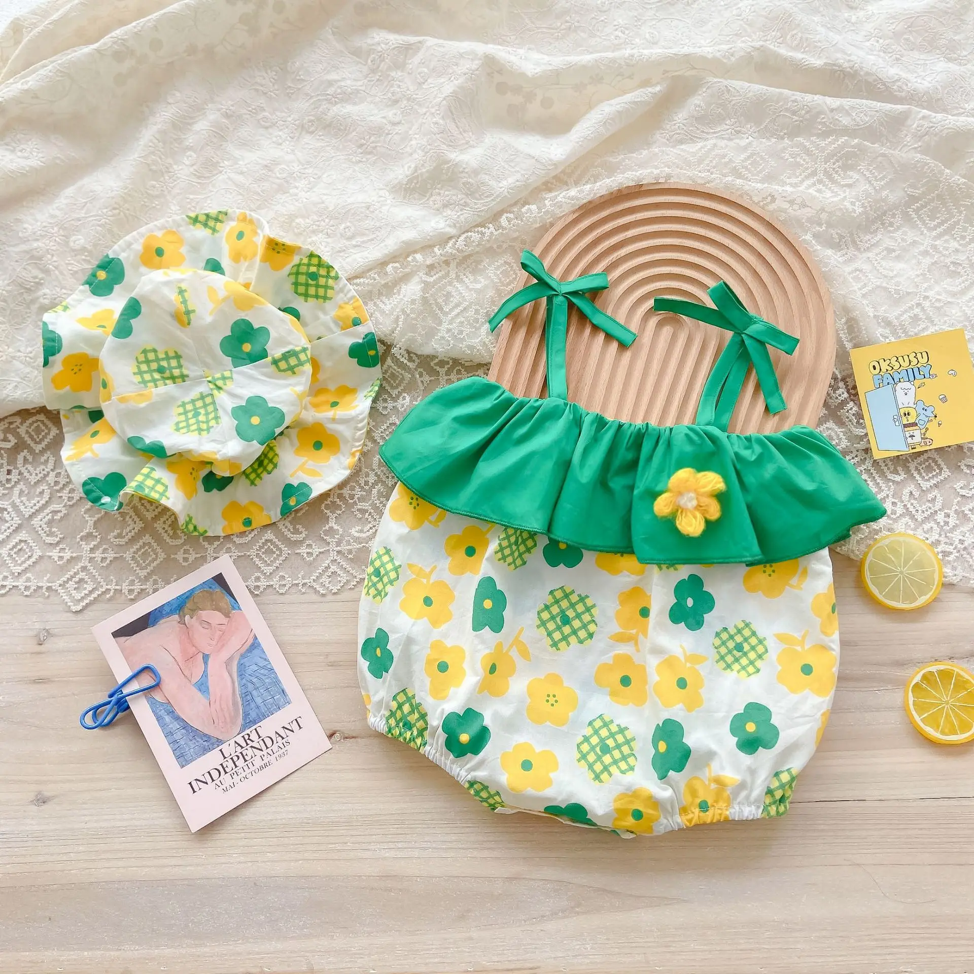 RiniKinda 2022 Summer Newborn Infant Baby Girl Solid Floral Bodysuit Jumpsuit Outfit Clothes Baby Clothing Casual Suit