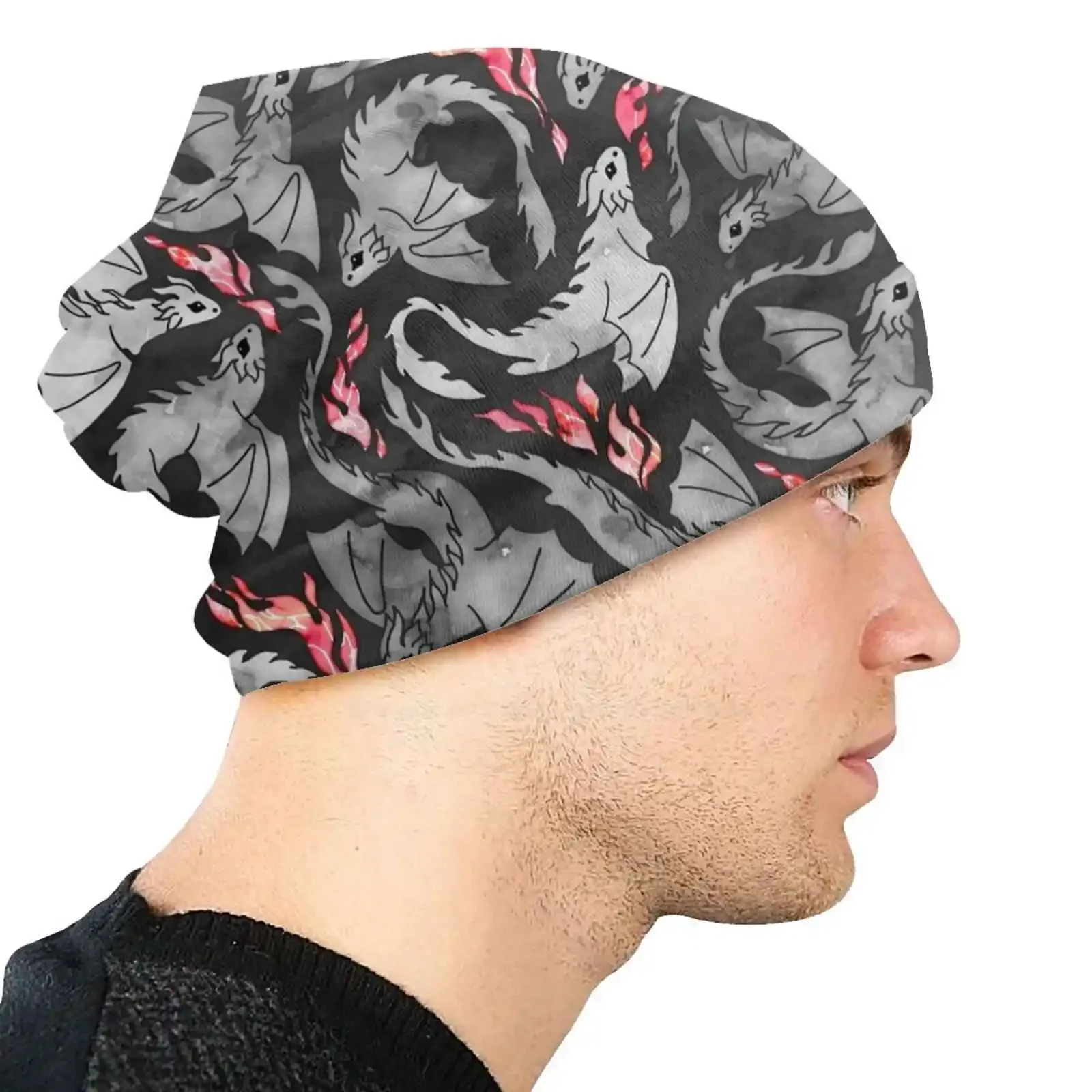 Тёплая Шапка-бини с драконом темно-серая и быстрая