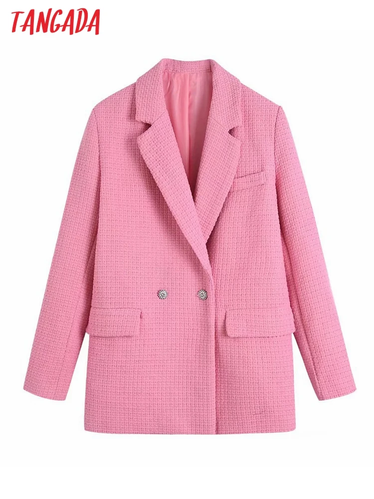 

Tangada Women Pink Tweed Blazer Female Long Sleeve Elegant Jacket Ladies Blazer Suits BE107