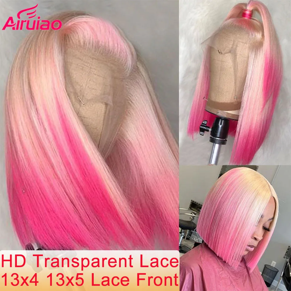 

HD Transparent Ombre 613 Pink Blonde 13x4 Lace Frontal Human Hair Wig Brazilian Straight Bob Lace Front Wigs Women Pre Plucked