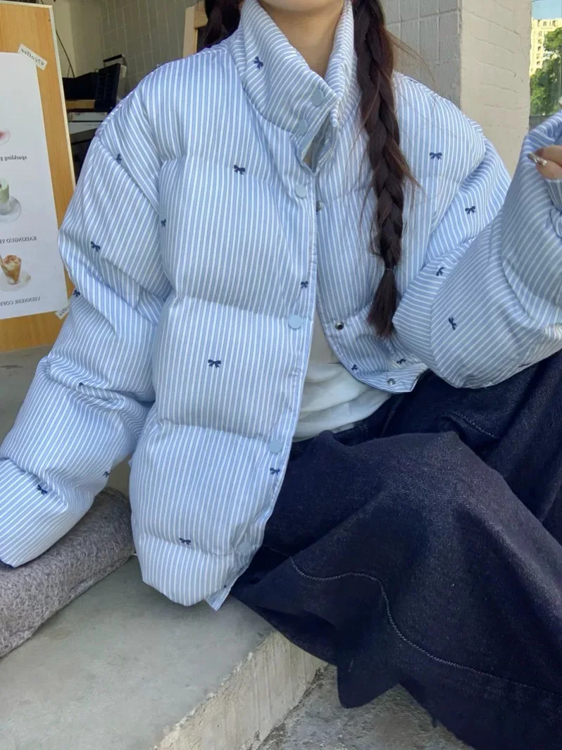 Корейская серия синее хлопковое стеганое пальто с бантом в полоску для женщин