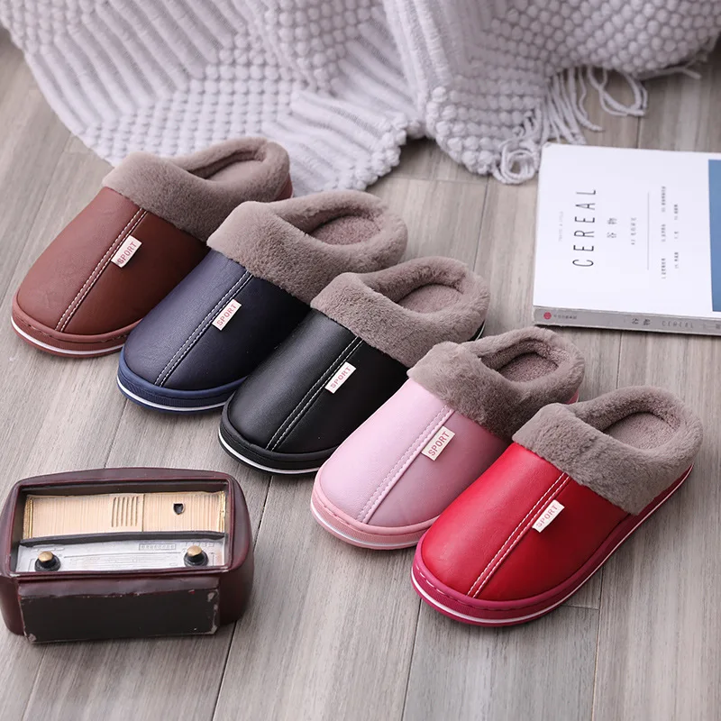 

New Fashion Women Slippers Couple Winter PU Waterproof Plush Warm Cotton Slippers Thick Bottom Autumn and Winter Shoes Bedroom