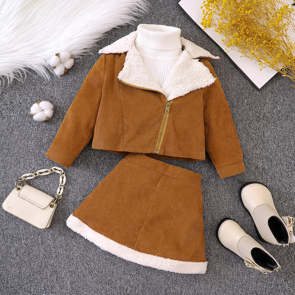 

2023 New Girls Dress Long Sleeve Turn-down Fleece Brown Skirts Cute Designer Girls Princess Dress Vestido 18M-7T