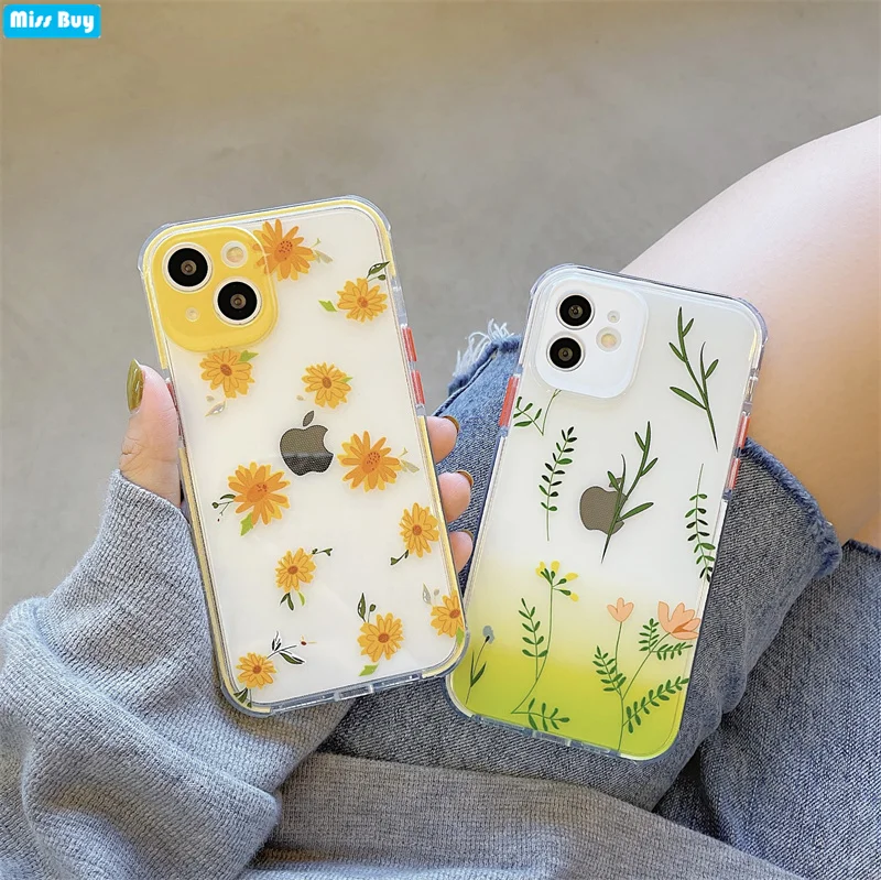 

Transparent flower Anti-fall Phone Case for iPhone 13 12 11 Pro MAX 12 Mini XS Max XR X 8 7 Plus Capa Shockproof Soft Back Cover