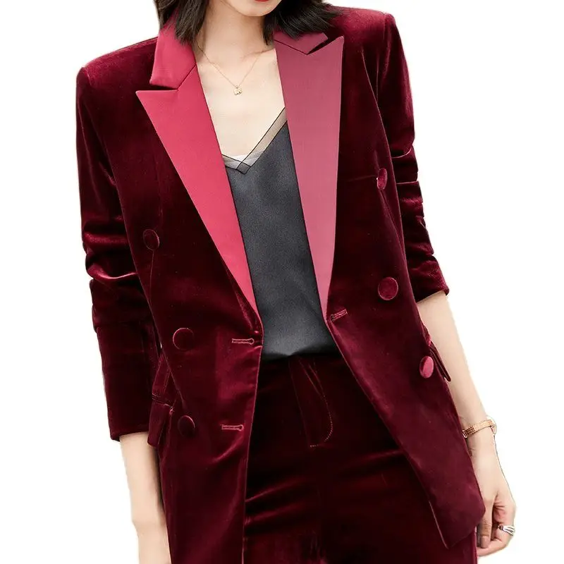 High Quality Velvet Formal Uniform Designs Pantsuits Elegant Wine for Women Business Work Wear Long Sleeve Autumn Winter Blazers