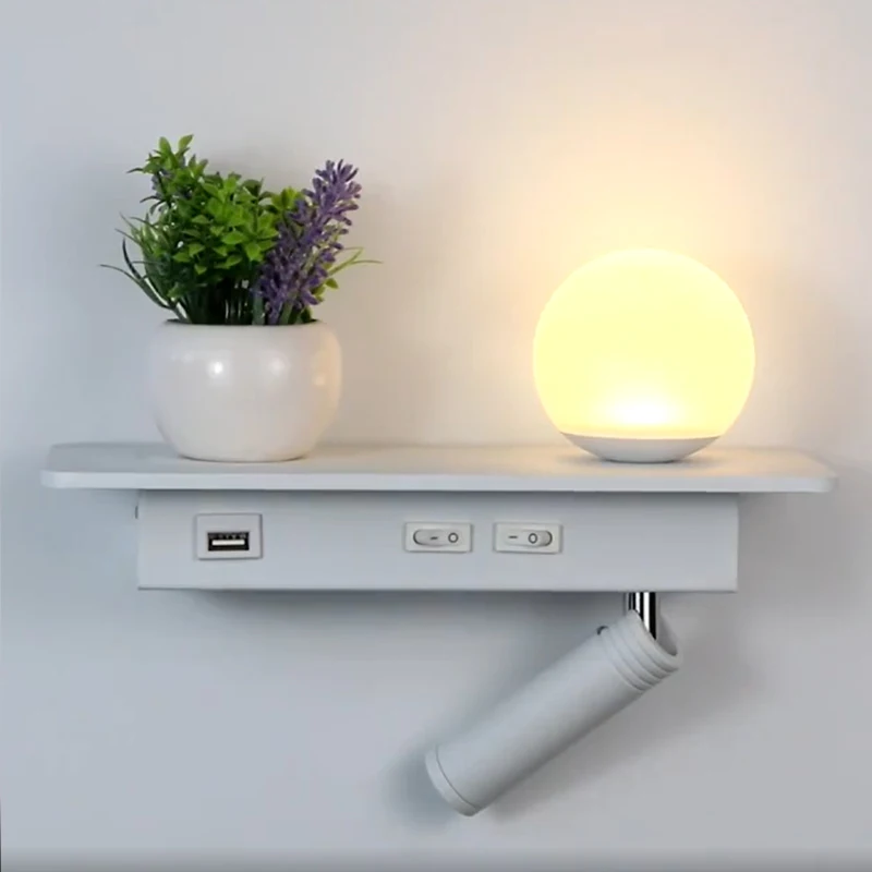 Bedroom Bedside LED Wall Lamp with switch USB interface shelf Study room Hotel Decorative Lighting Wall Lights