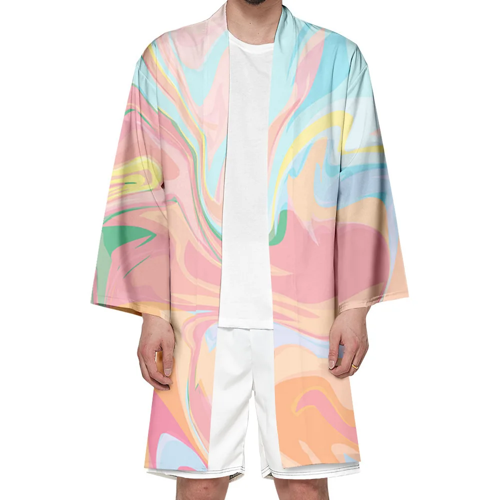 Gradient Blooming Men Kimono Couple Print Full Sleeve Robe 3XL 4XL Mid Length Bathrobe Casual Loose Home Jacket