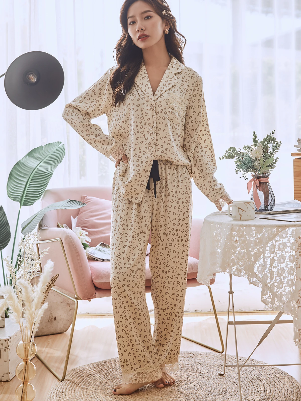 

CRLAYDK New in Womens Pajamas Satin Long Sleeve Sleepwear Silk Leopard Soft Button Down Loungewear Pjs Set Nightwear