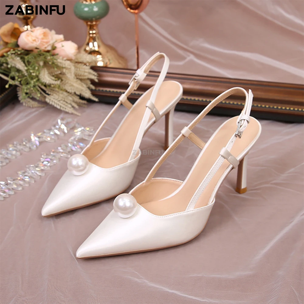 Big Pearl Women Heels 2023 Luxury Pearl Satin Pointed Toe Slingback Heeled Sandals Elegant White Wedding Shoes Bride Heels Shoes
