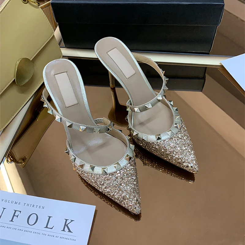 Heeled Sandals Women's Slippers Summer 2023 Real Leather Luxury Rivet High Heels Pointed Toe Ladies Shoes Elegant Casual Shoes