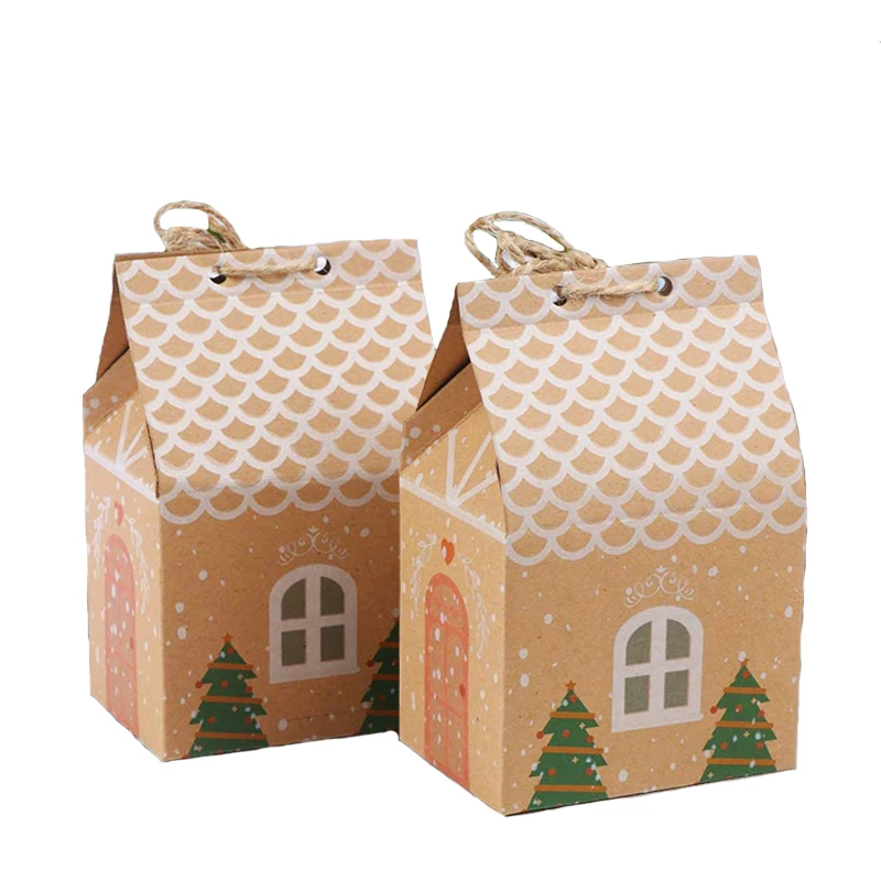 

50pcs Kraft Paper Gift Box Christmas House Package Cardboard Packaging for Candy Chocolate Cookies Xmas Wedding Party Supplies