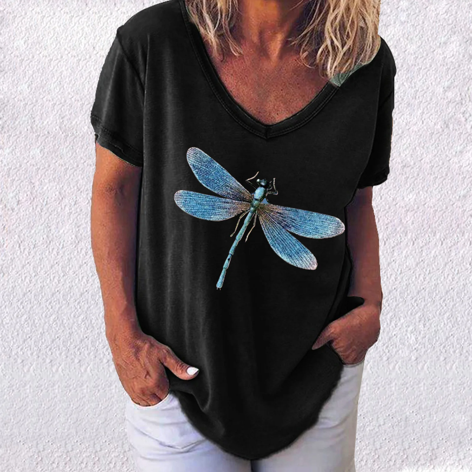 

Fashion Large Size Loose Short-sleeved Shirts Dragonfly Print T-shirt 2022 Summer New Clothing Women Tees