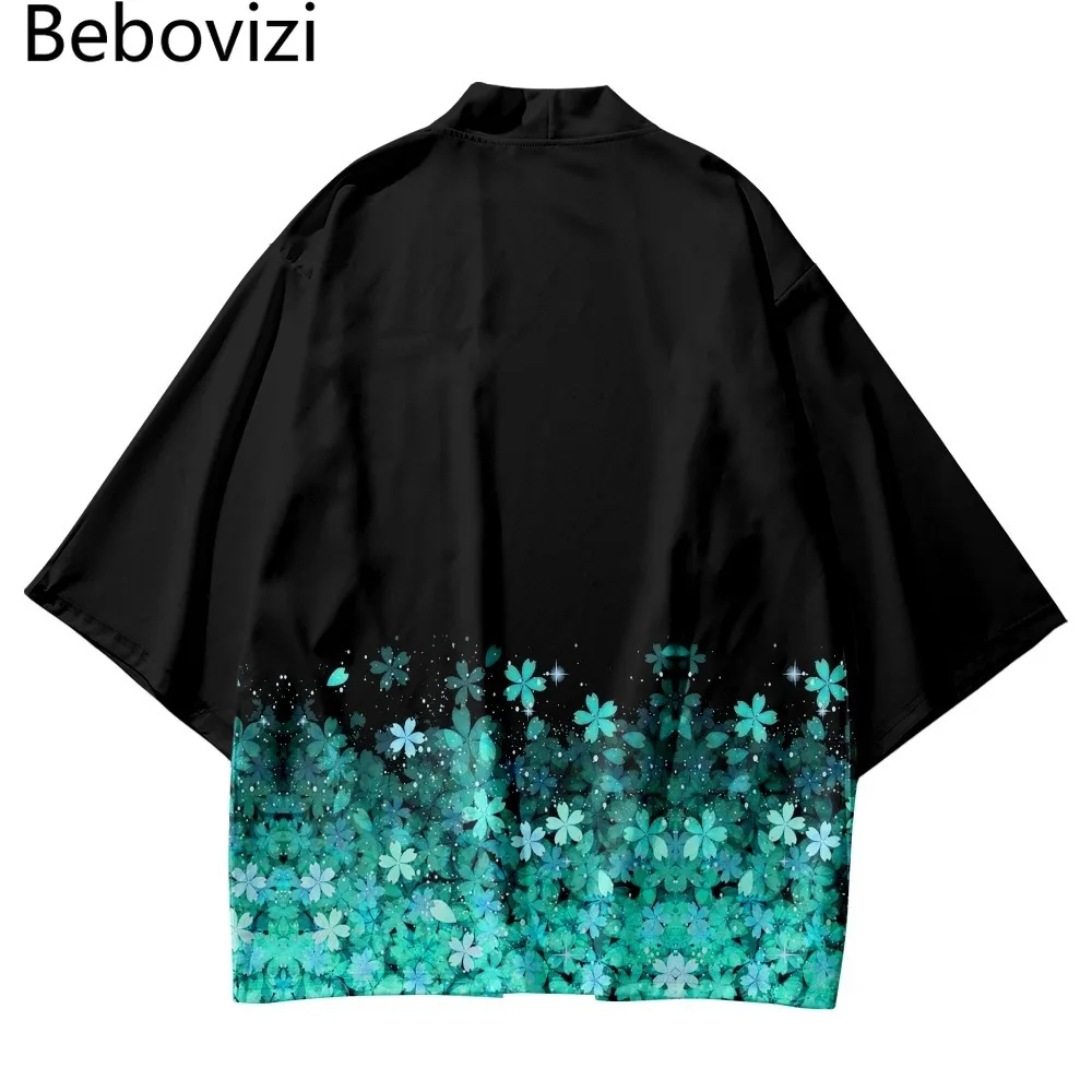 

Japanese Kimono Fashion Flowers Print Beach Yukata Traditional Men Women Streetwear Black Cardigan Cosplay Haori Oversized Robe