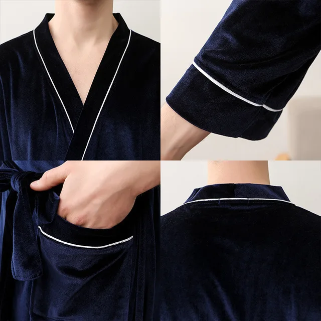 Solid Gold Velvet Women's Bathrobe Three Quarter Sleeve V Neck Autumn Winter Couple Sleepwear with Sashes Plus Size Homewear