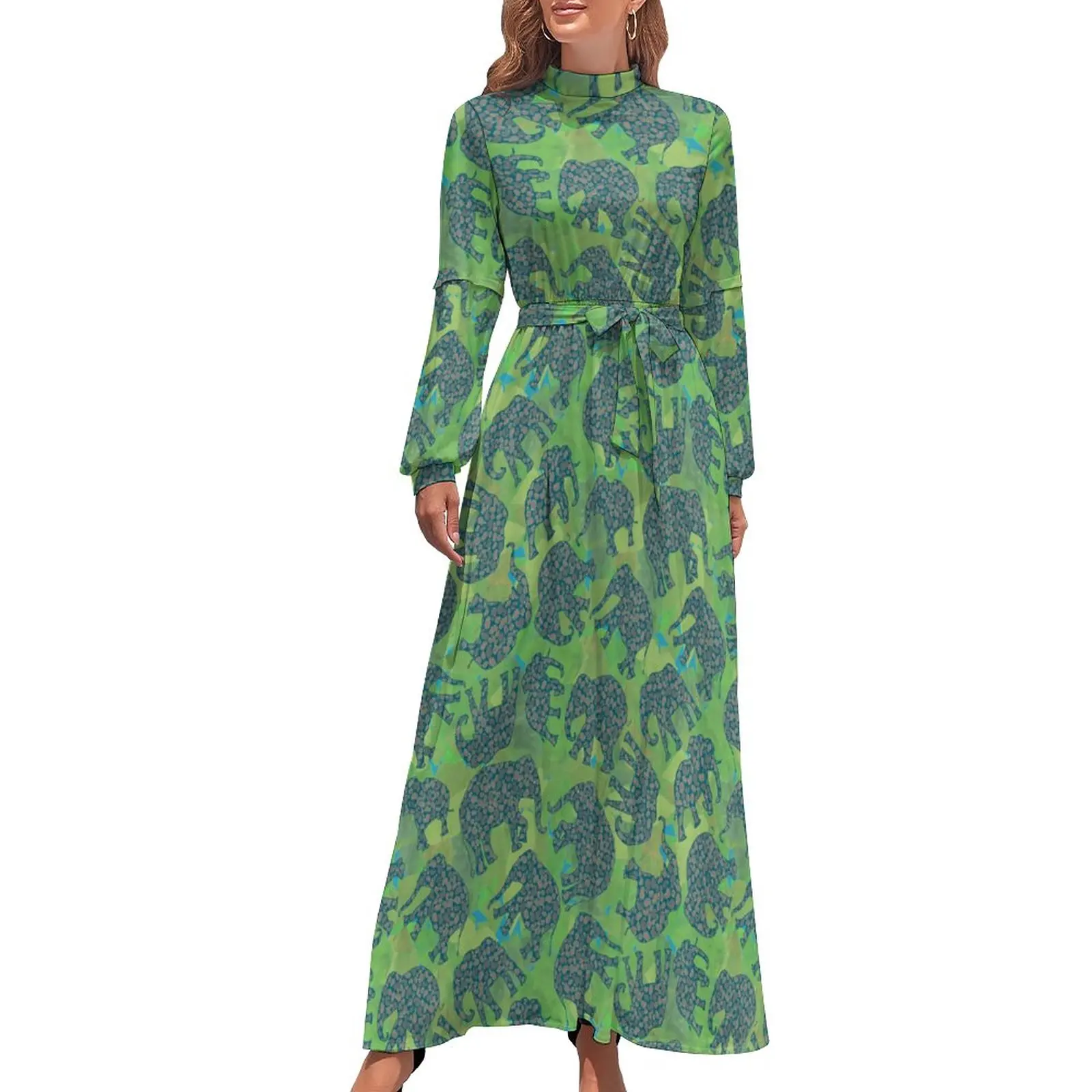 

Paisley Elephant Dress Long Sleeve Green Jungle Leaves Sexy Maxi Dress High Neck Street Wear Graphic Boho Beach Long Dresses