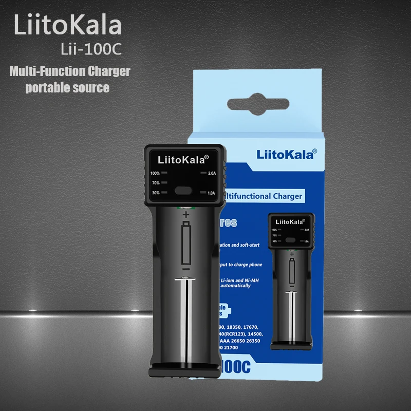 

LiitoKala Lii-100C 21700 Battery Charger For 18650 18350 26650 16340 RCR123 14500 3.7V 1.2V Ni-MH Ni-Cd 2A USB smart charger