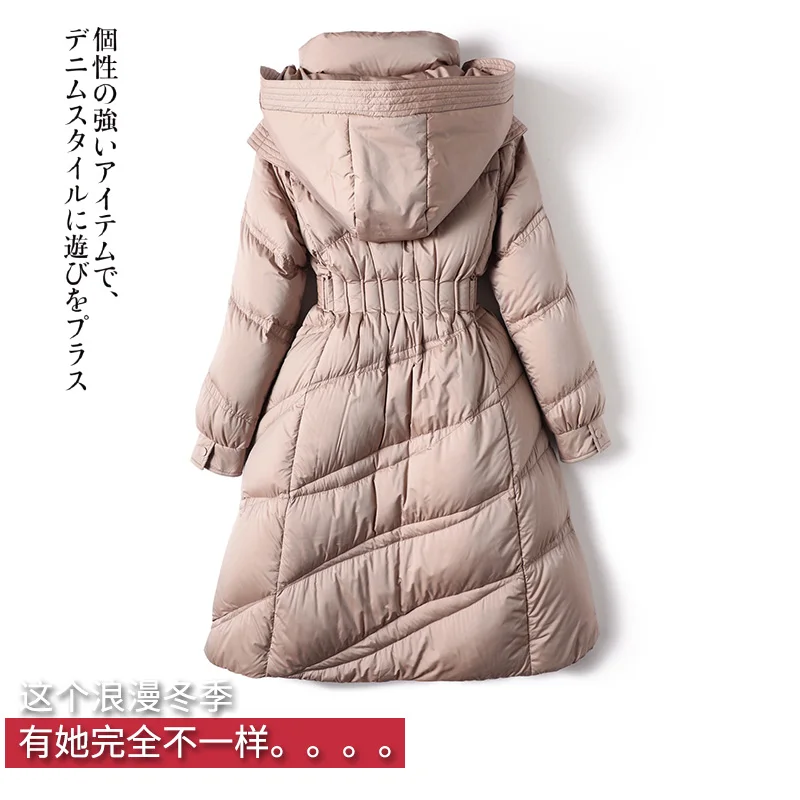 Long Duck Jacket Women 90%  White Duck Down Hooded High Street Fashion Adjustable Waist  Slim  Zipper  Casaco Feminino