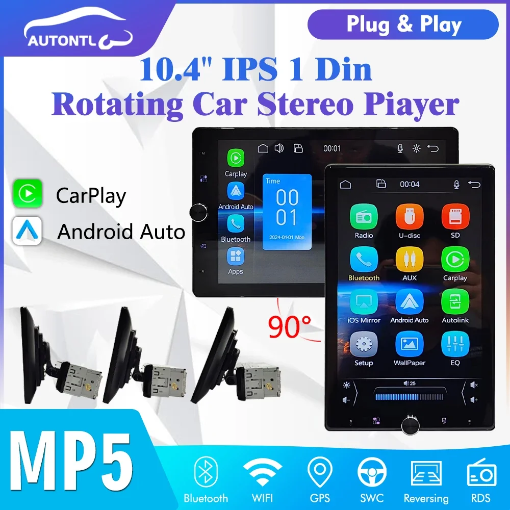 Автомобильная стереосистема 1 Din MP5 Carplay Android Auto 10 4 дюйма HD 2 5D экран Bluetooth FM-приемник