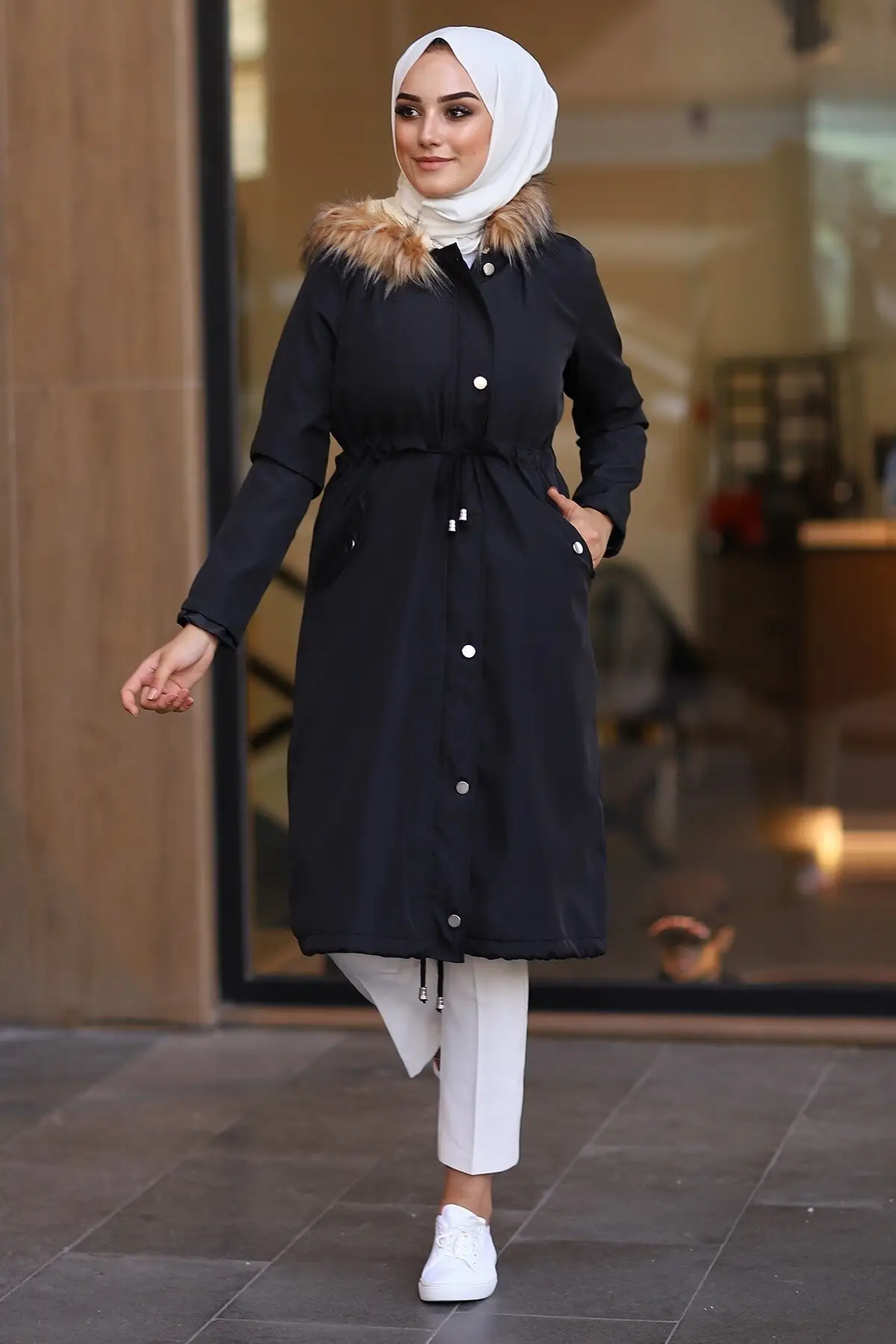 

Шерстяное пальто из 2401 меха-черное хиджаб пальто и одежда