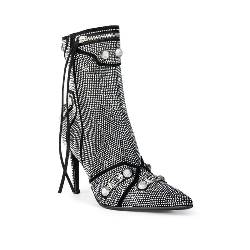 Female Boots For Fashion Shiny Crystal Pointed Toe Zip Knee High Med Calf Boots For Women Stylish Luxury Shoes Woman Brand New